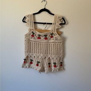 Crochet Cherry Embroidered Tank Top and Shorts Set